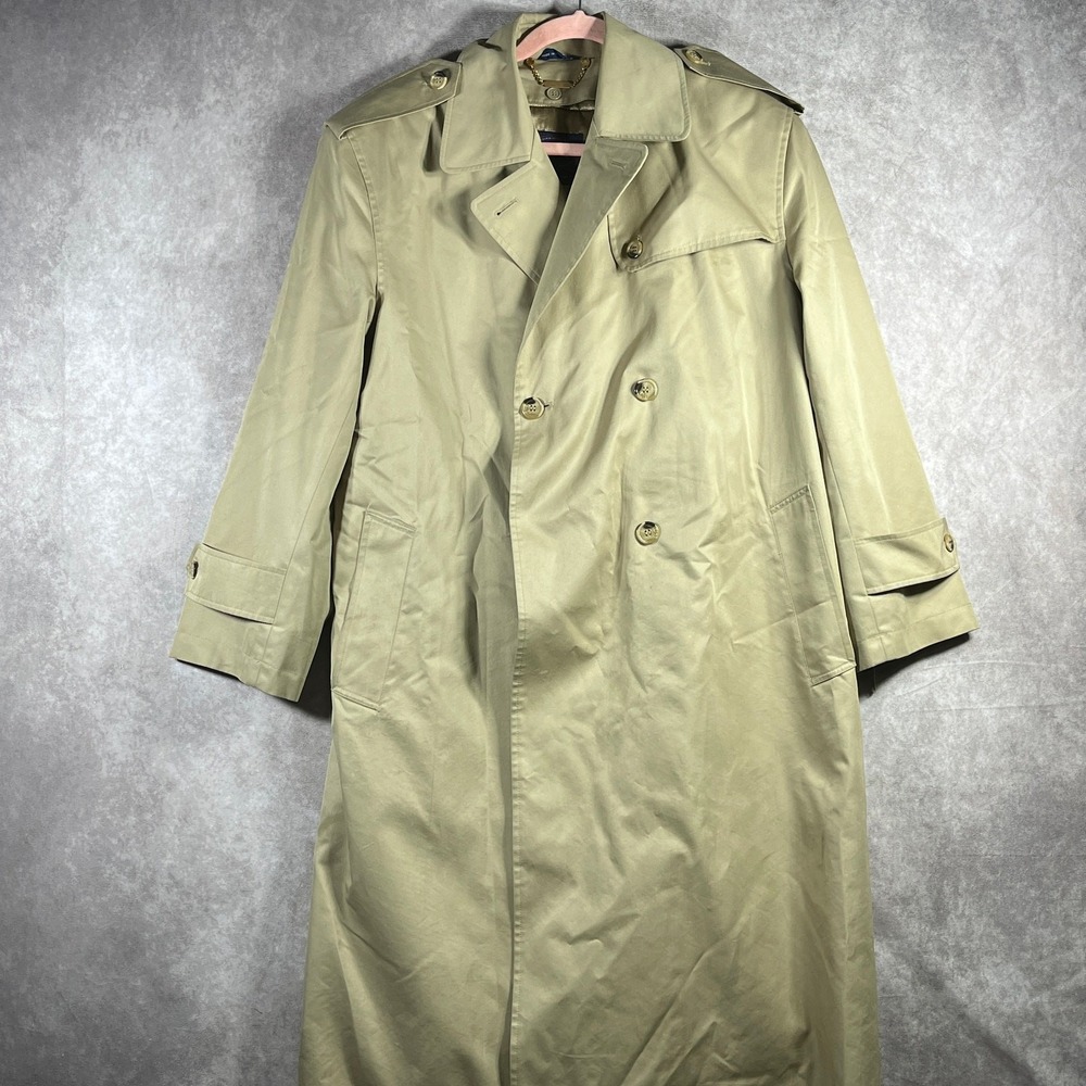 Vintage Allen Jolly Trench Coat Womens 10 Tan Wool Lining Double Breasted Retro